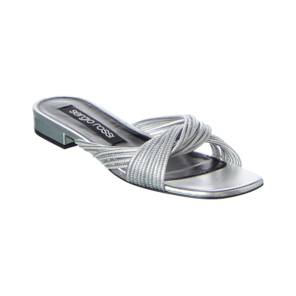 Sergio Rossi Akida Leather Sandal, Silver